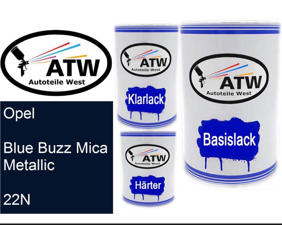 Opel, Blue Buzz Mica Metallic, 22N: 500ml Lackdose + 500ml Klarlack + 250ml Härter - Set, von ATW Autoteile West.